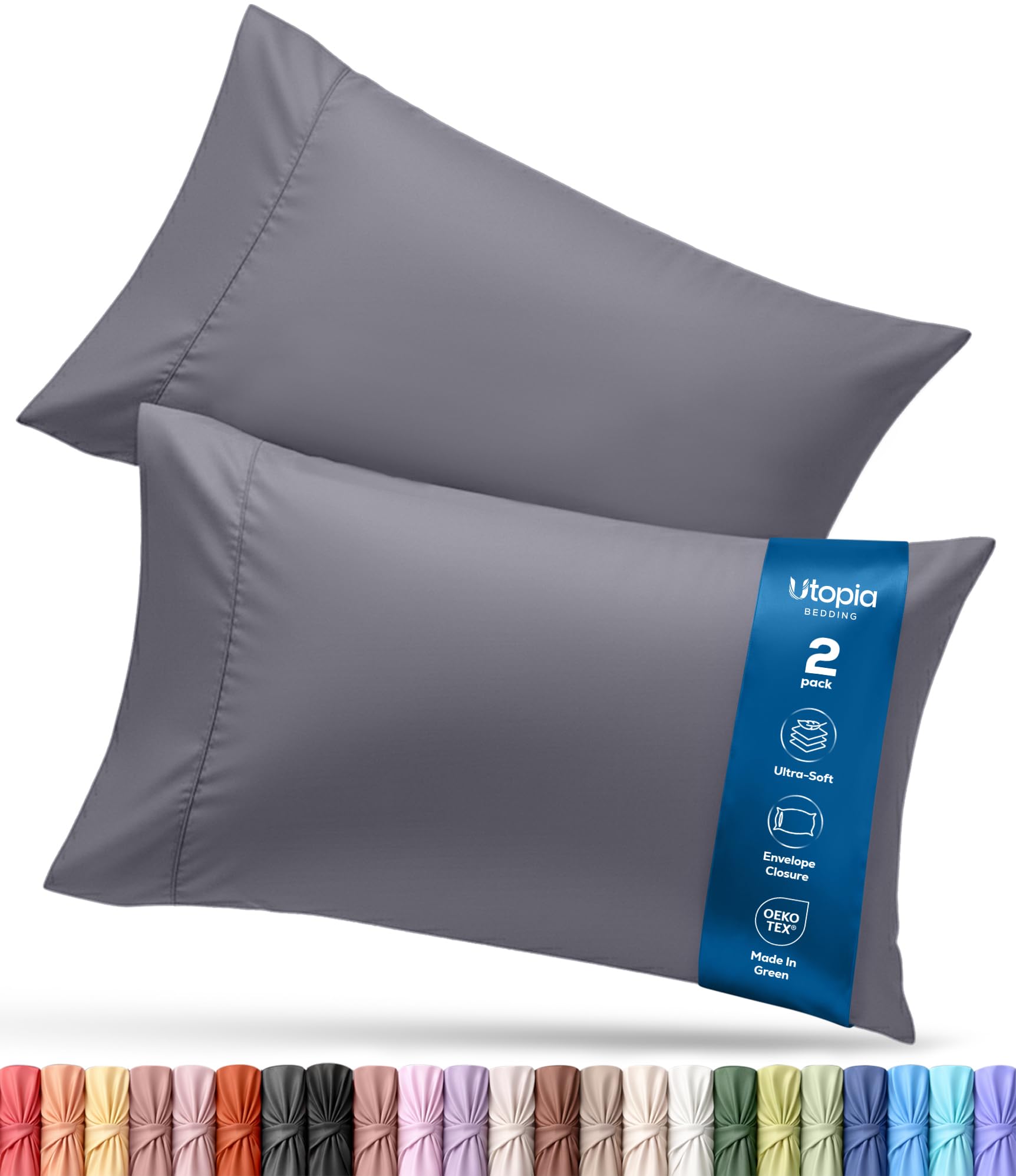 Utopia Bedding Standard Pillow Cases, 2 Pack, Envelope Closure, Brushed Microfiber, 20x26 in, Grey