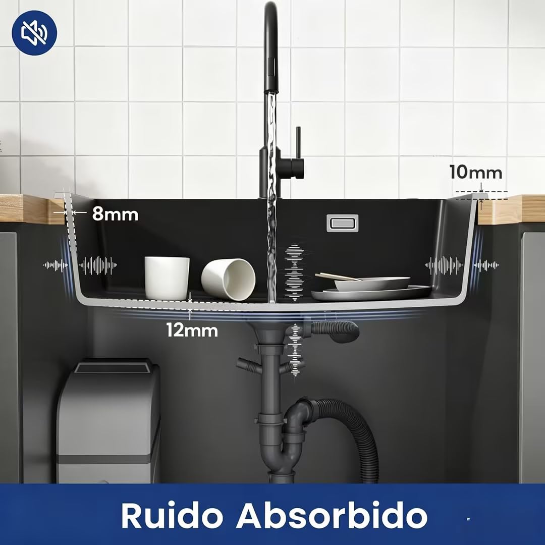 CECIPA Evier Cuisine 1 Bac 70x45x20 cm, Évier En Granit avec Grand Bassin, Lavabo Cuisine Avec Siphon & Trop-Plein, Évier à Encastrer des sous-meubles supérieurs à 80 cm - Noir