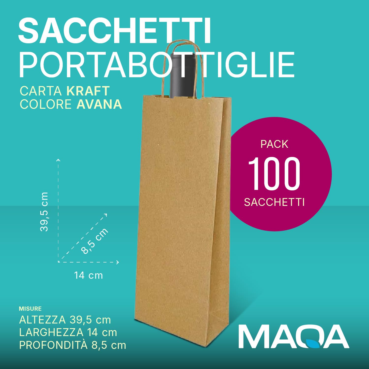 100 Sacchetti Porta Bottiglie Vino in Carta Kraft, 14 x 8.5 x 39.5 cm - Shopper Regalo Porta Bottiglie, Manici Rinforzati, Buste per Vino, Champagne, Birra - Carta Riciclata Ecologica e Robusta, Avana