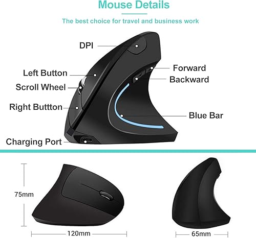 Miniatura 7 de Ratón ergonómico inalámbrico Bluetooth Vertical Mouse Conexión de tres modos BT5.0+USB A+USB C, recargable, ergonómico, 6 botones, 1600 DPI, 2.4G