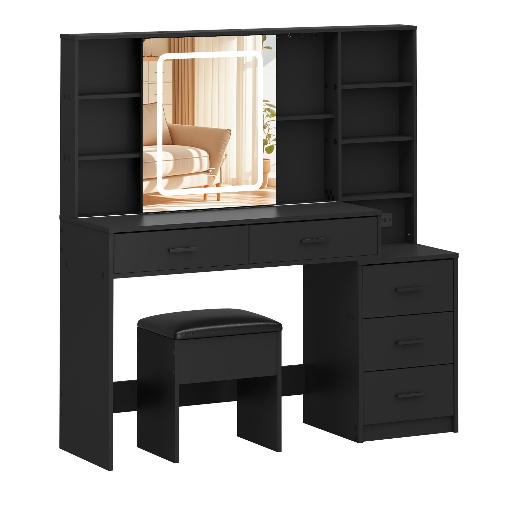 Panana Vanity Desk with Movable Mirror and Lights, Makeup Table Set with 5 Drawers, Makeup Desk with Charging Station & Storage Shelves, 3 Lighting Modes Adjustable Dressing Table with Stool (Black)