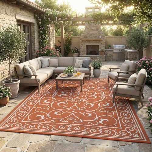 GAOMON Outdoor Patio Rug 8x10 Reversible Camping Mat, Stain-Resistant Plastic Straw Rug, Easy to Clean, Waterproof Indoor Outdoor Carpet for Porch, Deck, Balcony, Beach, GardenVintage-Orange