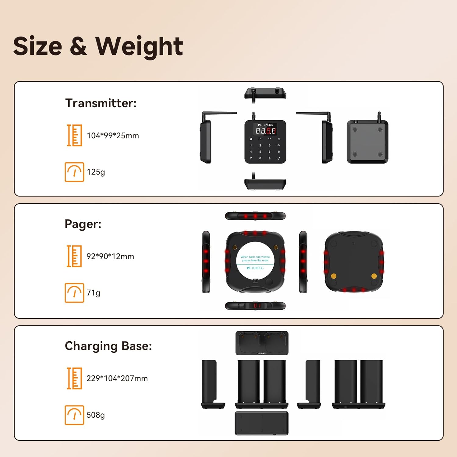 Diagram showing the dimensions and weight of the Retekess TD186 transmitter, pager, and charging base.