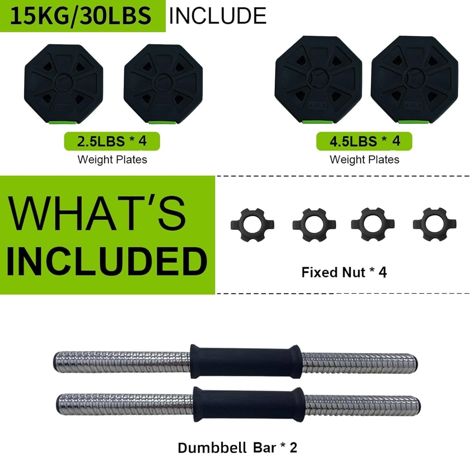 Adjustable Dumbbell Set, 30LB Free Weights Barbell Sets with Iron Sand & Non-Slip Grip, Weight Sets Home Gym for Women, Green Black
