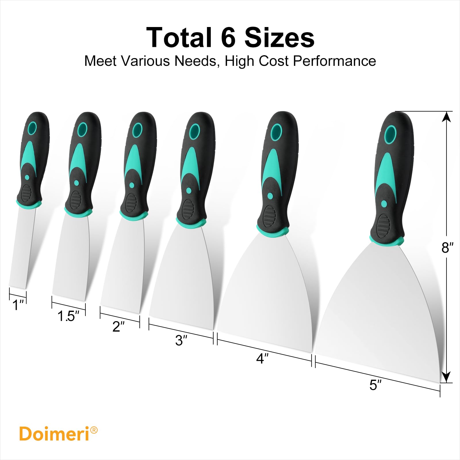 6 Pack Putty Knife, 1” 1.5” 2” 3” 4” 5” Spackle Knives, Premium Stainless Steel Paint Scraper, Perfect Tools for Repairing Drywall, Removing Wallpaper, Applying Mud or Plaster