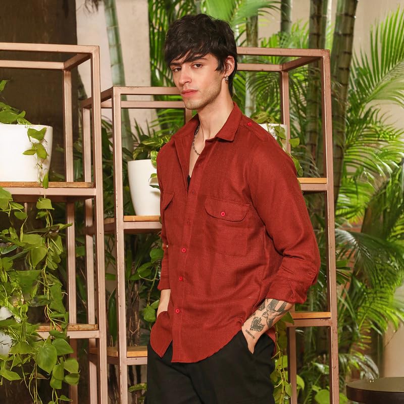 Image of CAHOOT Men's Olive Shirt Casual Wear | Shawl Collar | Long Sleeve | Button Closure | Shirt Crafted with Comfort Fit for Everyday Wear