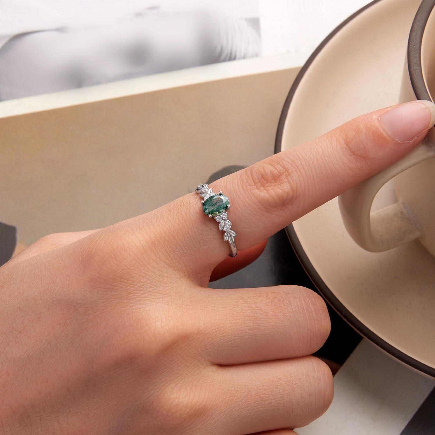 Moss Agate Rings for Women, 925 Sterling Silver Leaf Vine Design Nature Green Moss Agate Engagement Promise Ring, Oval Shaped Natural Stone Rings Jewelry
