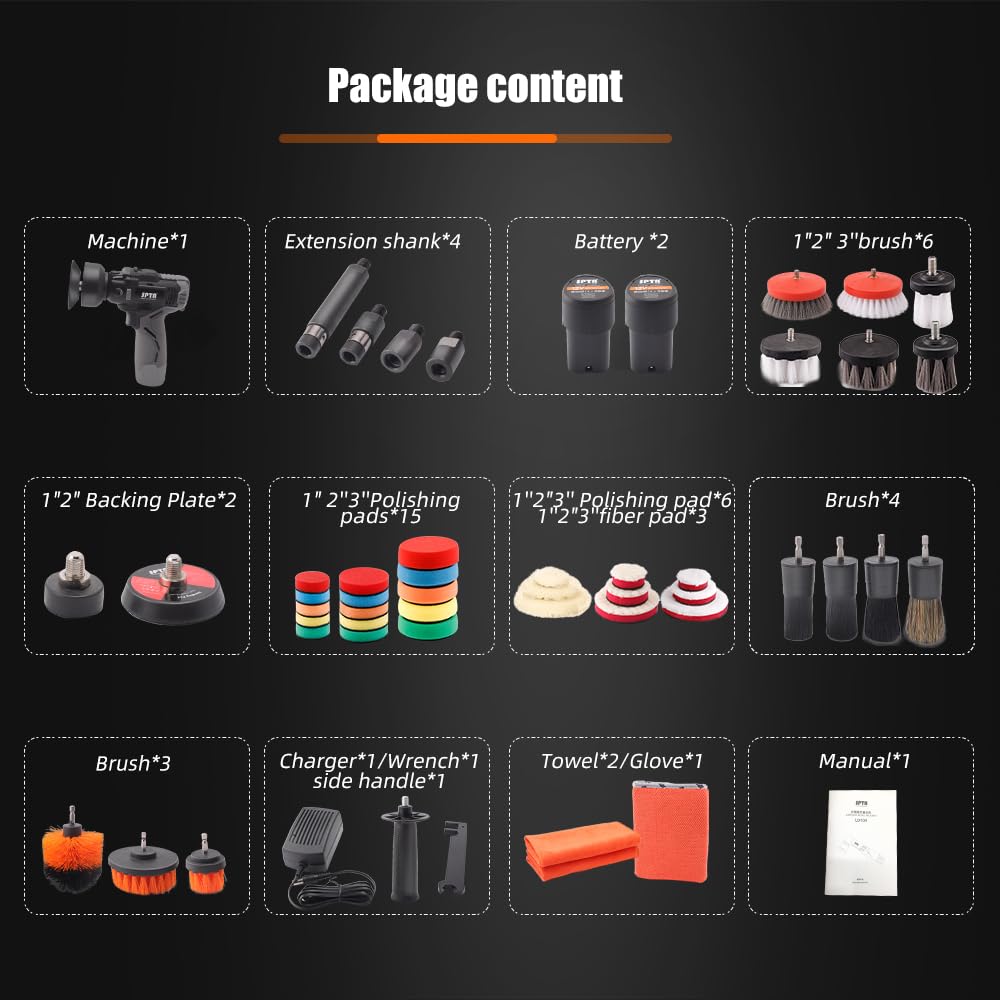 SPTA Poliermaschine, 12V Akku 2.0 Ah Polierer Auto Schleifmaschine Set Profiset Auto Politur Set mit 2tlg Batterie, 37tlg Polierschwamm Pollierpad, Polierfell,Polierteller für Auto KFZ Boot