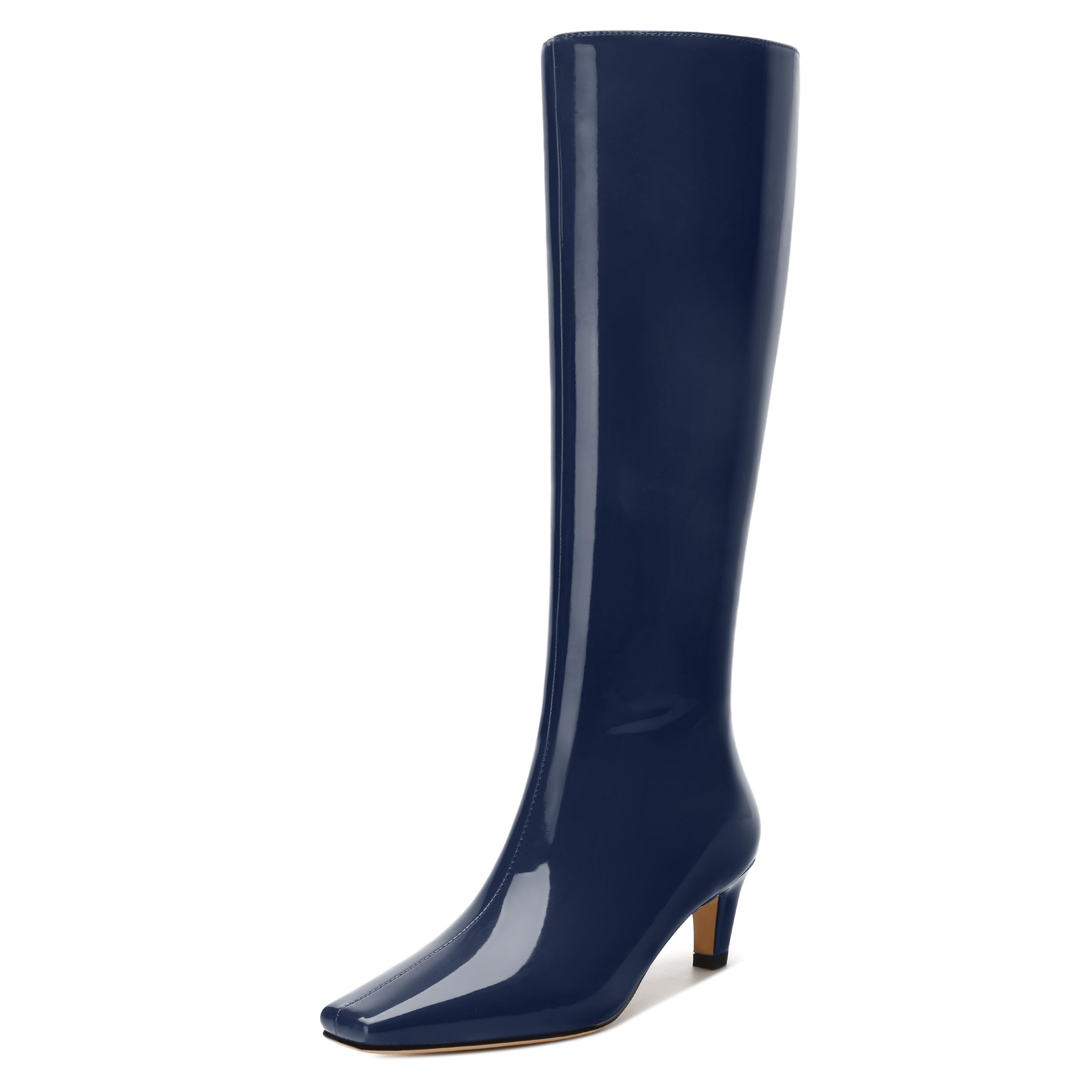 WAYDERNS Knee High Boots for Women Patent Kitten Low Heels Square Toe 2 Inch Long Boots Classic Casual