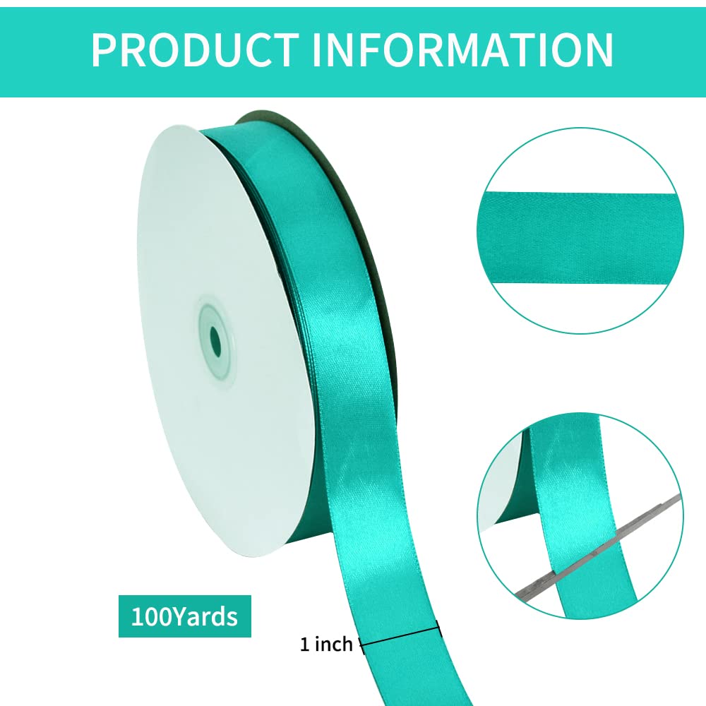 TONIFUL 1 Inch x 100yds Teal Blue Satin Ribbon, Thin Solid Color Satin Ribbon for Gift Wrapping Crafts, Hair Bows Making - Image 2