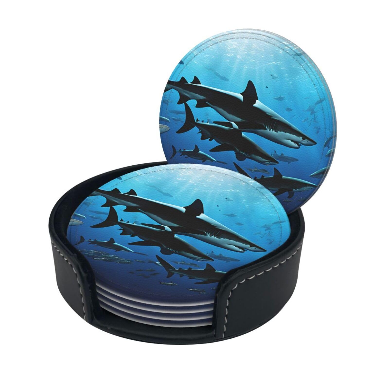 Hammerhead Sharks Print Coaster,Round Leather Coasters with Storage Box for Wine Mugs,Cold Drinks and Cups Tabletop Protection (6 Piece)