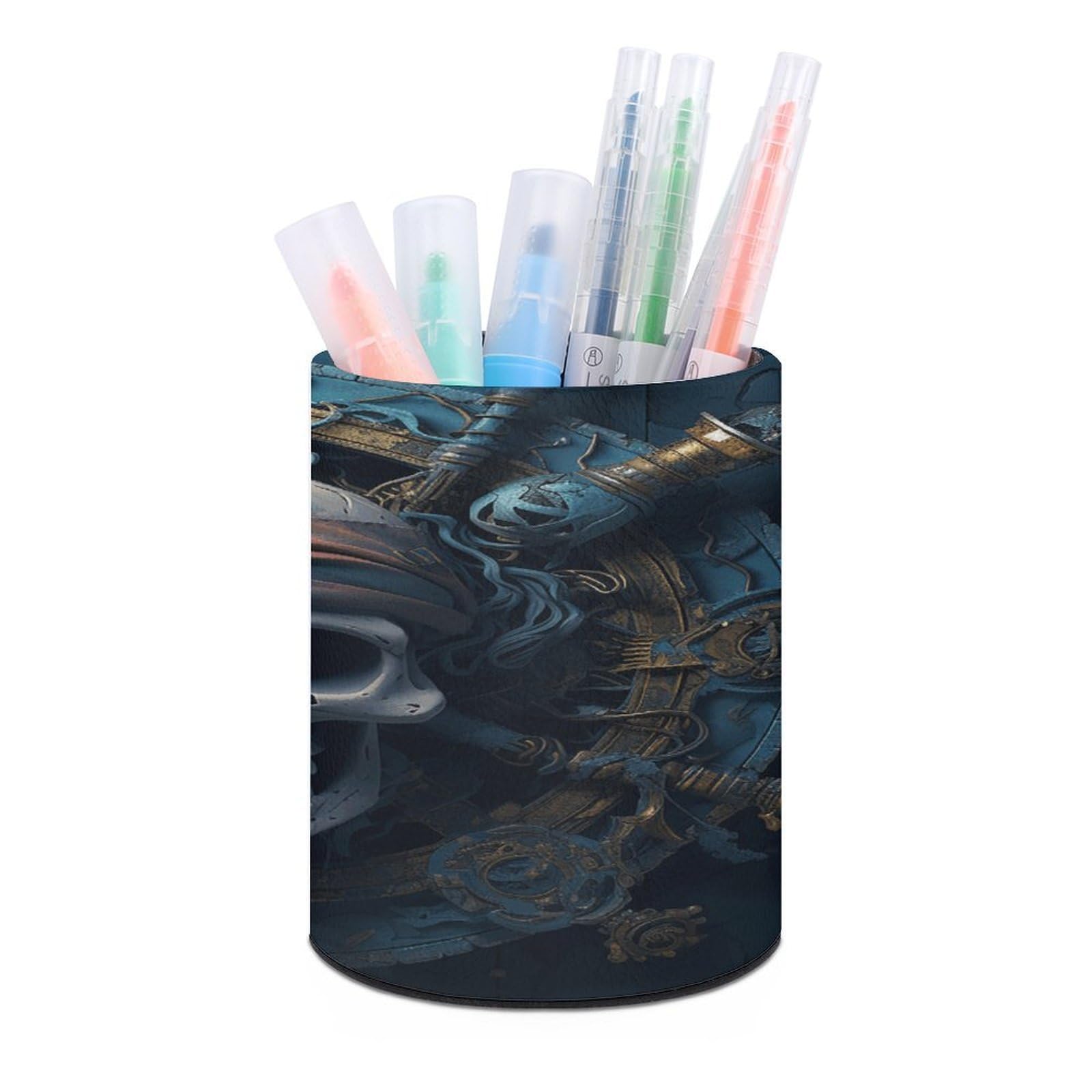 FekiLoot PU Leather Round Pen Holder Skeleton Pirate Pencil Holder Desk Organizer Pen Organizer Pen Cup Pencil Cup Caddy Desktop Stationery Organizers for Office Home Supplies