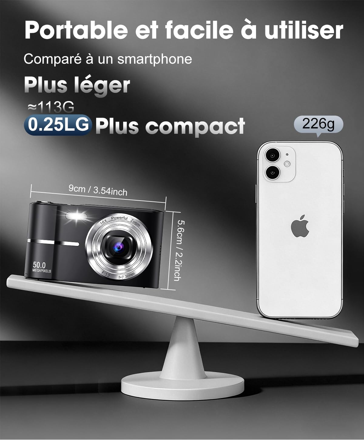Appareil Photo Numérique 50MP 1080P, Compact Appareil Photo avec Carte 16Go, Écran 2,4”, Zoom Numérique 16X, Mini Camera Vlog pour Enfants, Adolescents, Étudiants, Cadeau d'anniversaire Vacances-Noir