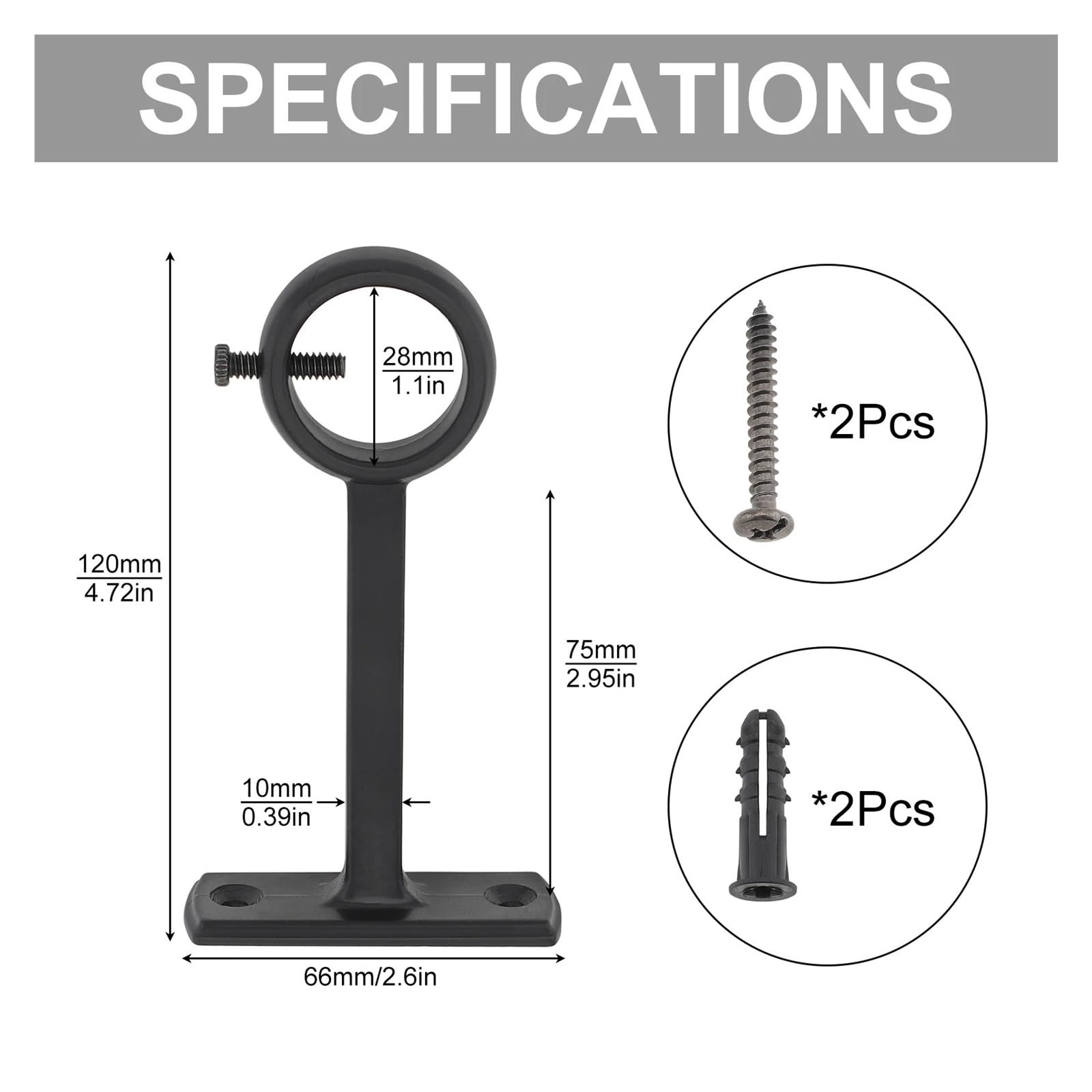 Lot de 4 supports de tringle à rideaux robustes en alliage d'aluminium à trou unique avec vis réglables pour salle de bain, balcon, cuisine