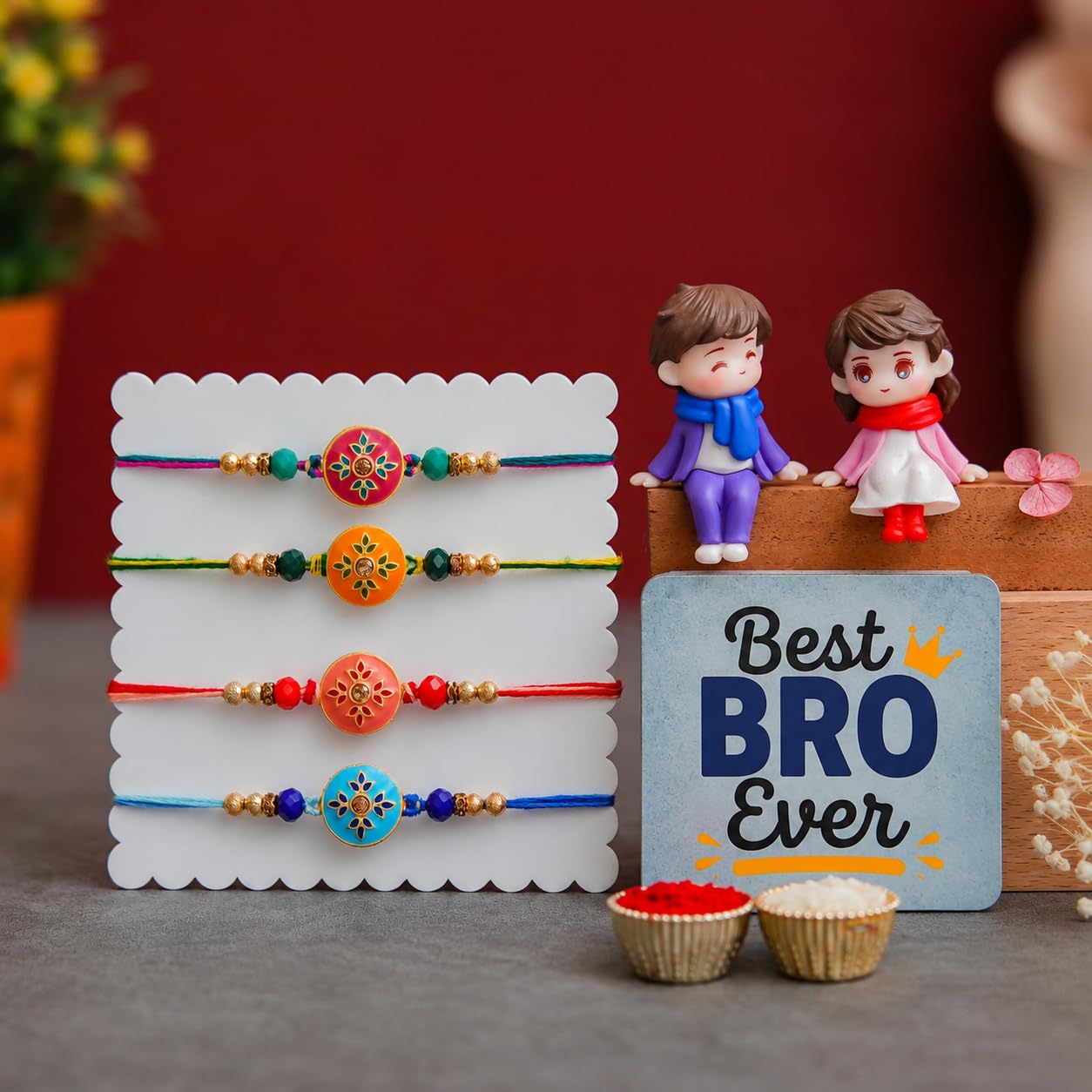 eCraftIndia Set of 4 Designer Rakhi for Brother with Best Bro Ever Fridge Magnet & Cute Sibling Showpiece | Premium Beaded Rakhi Set with Roli Chawal | Raksha Bandhan Gift Combo