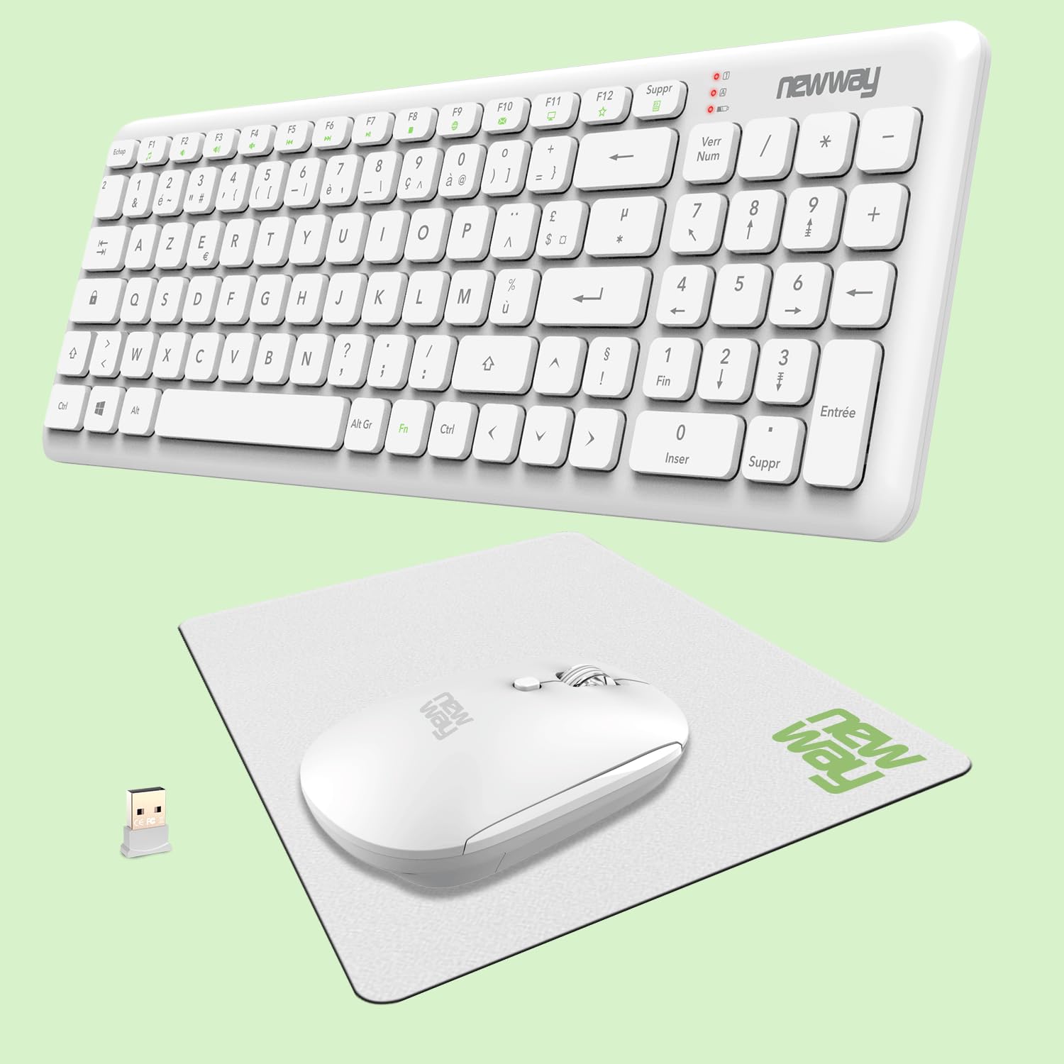NEWWAY – Pack RF01 Tastiera Mouse Wireless con Tappetino – Tastiera AZERTY 97 Tasti 13 Scorciatoie – Mouse WiFi 2.4 GHz 4 Tasti – Ricevitore USB – Bianco