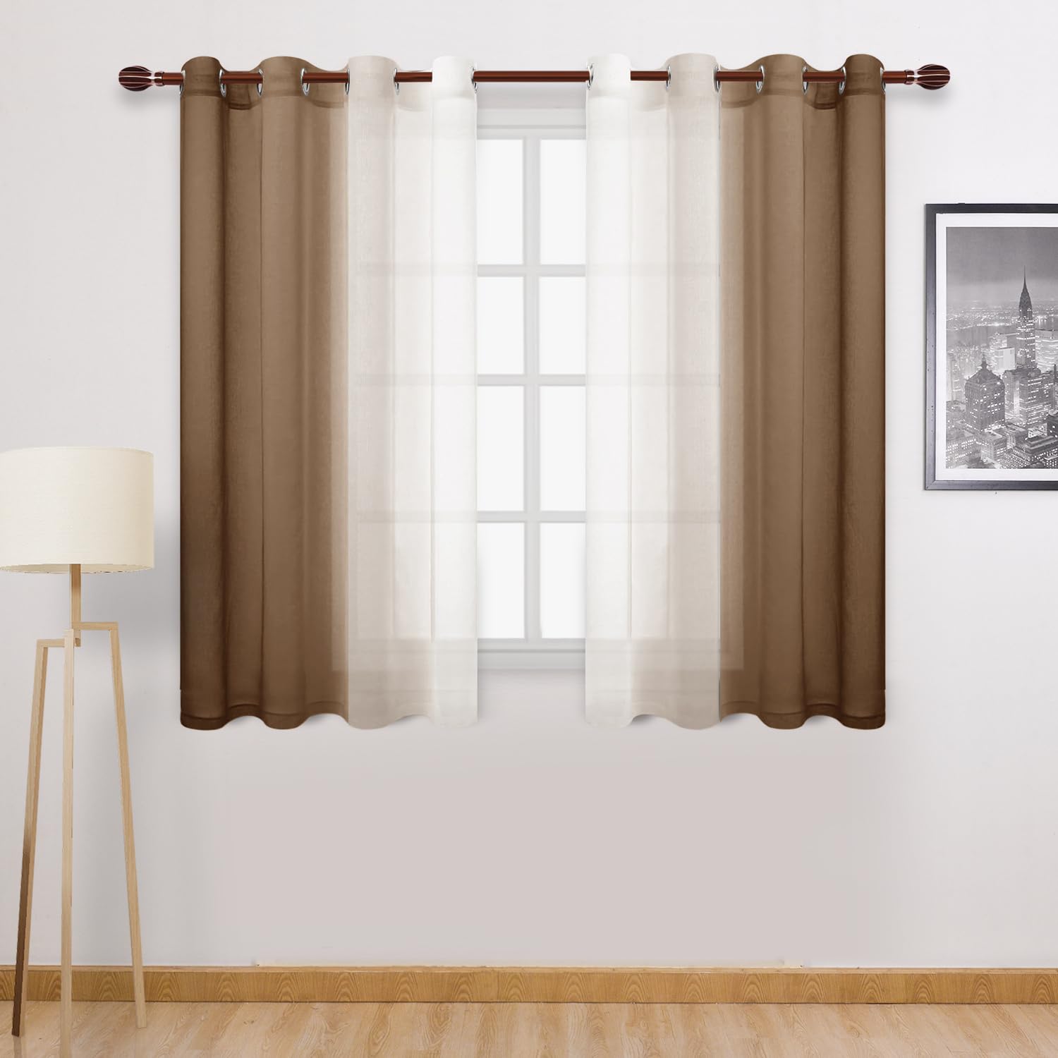 DWCN Ombre Short Sheer Curtains - Faux Linen Semi Voile Gradient Light-Filtering Bedroom and Living Room Curtains, Set of 2 Grommet Top Window Drape Panels, 52 x 54 Inch Length, Warm Brown โ image 1