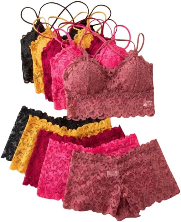 5-Piece Lace Lingerie Set - Romantic Sheer Camisole and Boyshorts in Christmas Red, Comfortable and Wire-Free
