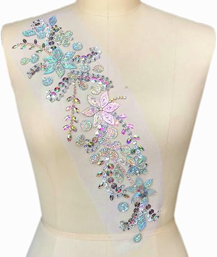 Vista 8 de Parches de cristal brillante hechos a mano puro de 3.9 x 16.5 in con diamantes de imitación para coser, apliques con piedras y cuentas de Morado