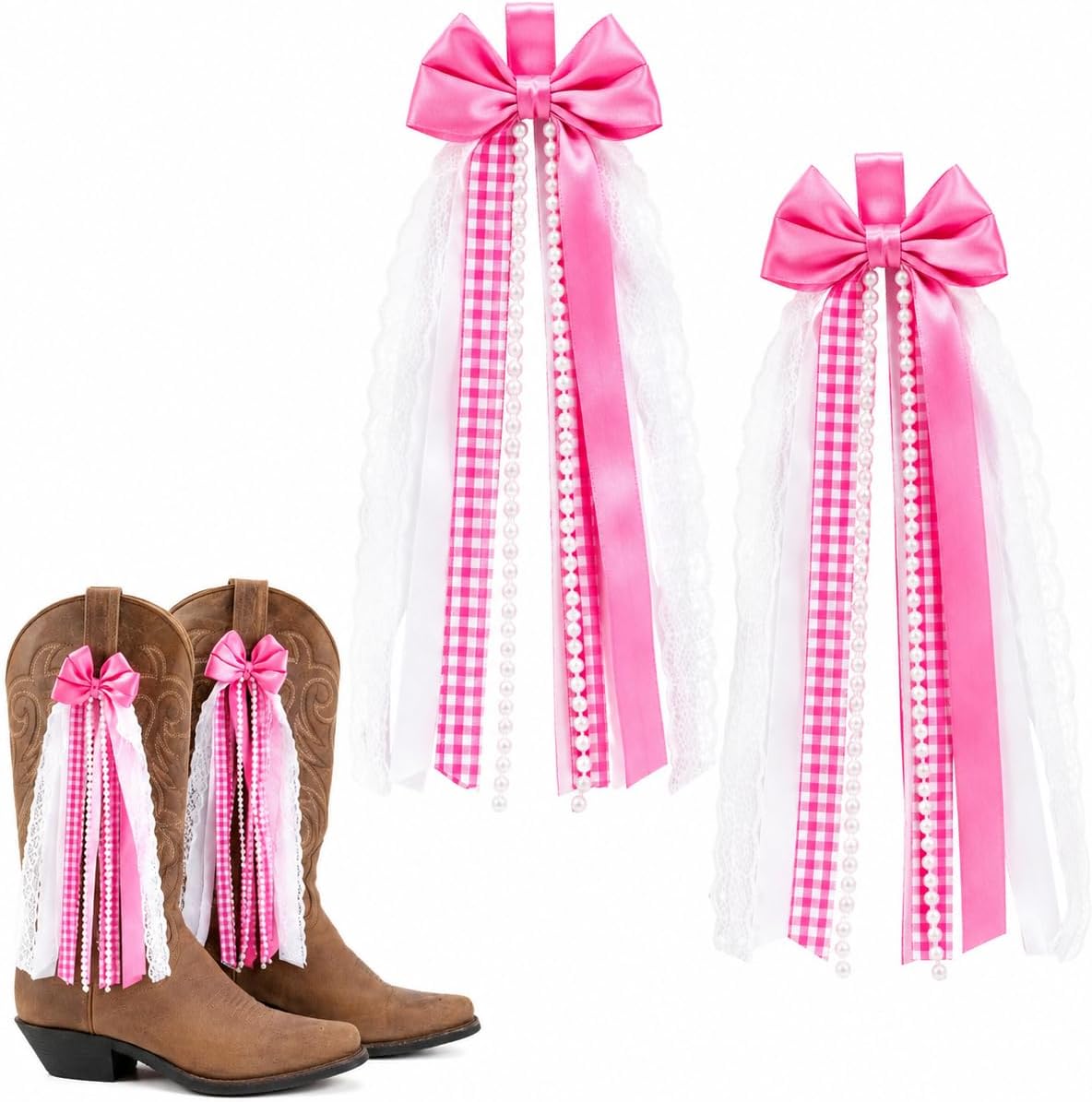 2 Pcs Pink Boot Bows Western Faux Pearl Lace Shoe Clips Women