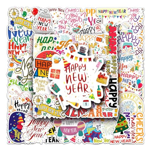 50Pcs Happy New Year Stickers Waterproof Vinyl Aesthetic Decals for Water Bottles Laptops Skateboards Luggage Helmets Bikes and Phones Teens Adults and Holiday Fans