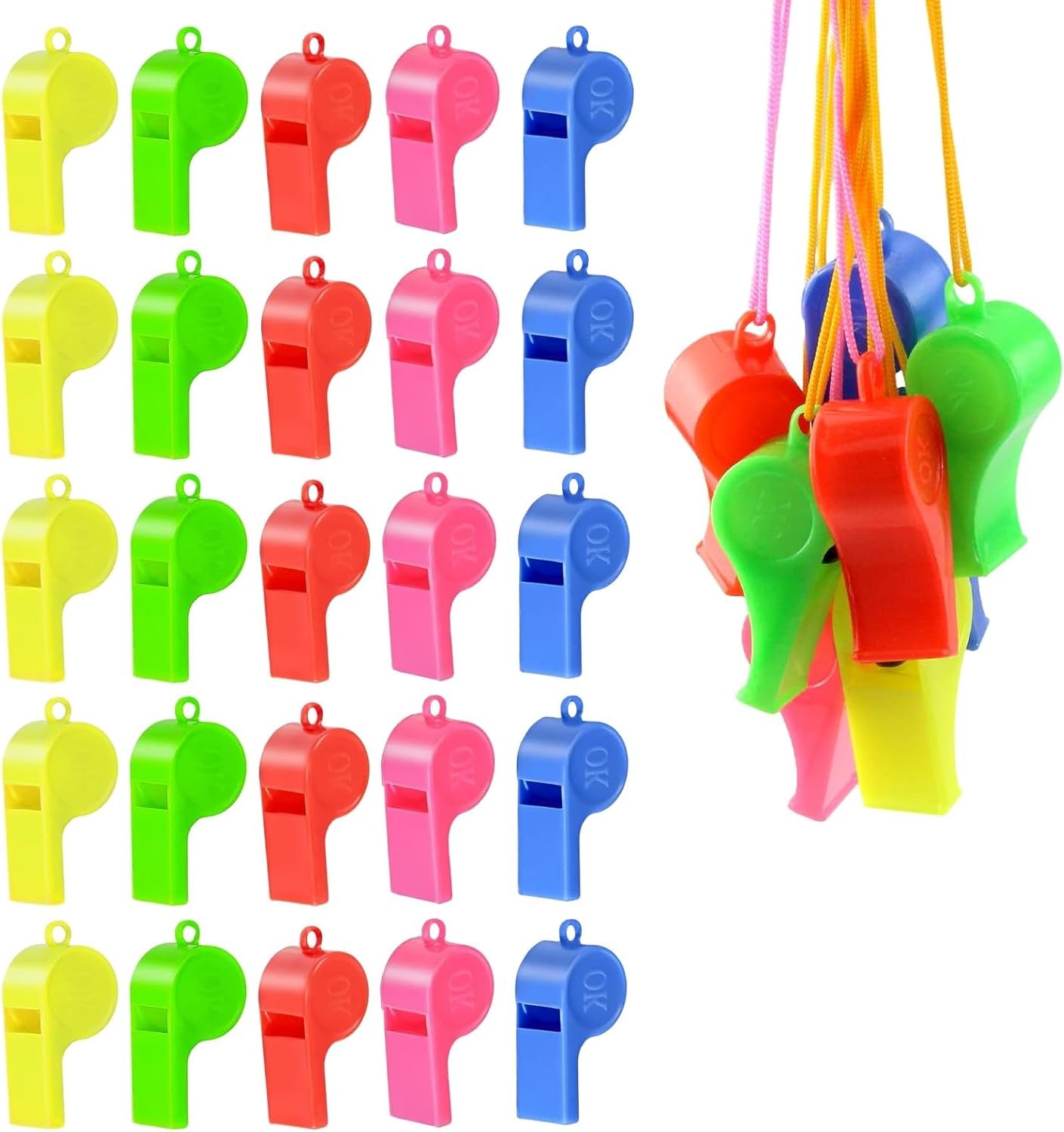QHFlashbuy Silbatos Plástico,24 Silbatos de Plástico para Niños,Silbato Arbitro Profesional con Cordones para Deportes Escolares,Fiestas,Arbitros Entrenamiento Perros,Salvavidas