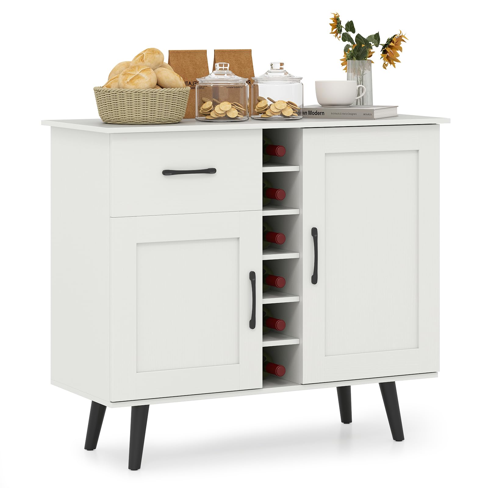 RELAX4LIFE Mobile Bar per Vino, Credenza con 2 Ante e 1 Cassetto, Porta Bottiglie da 6, Ripiani Regolabili, Credenza con Spazio per Vino per Cucina, Sala da Pranzo, Soggiorno