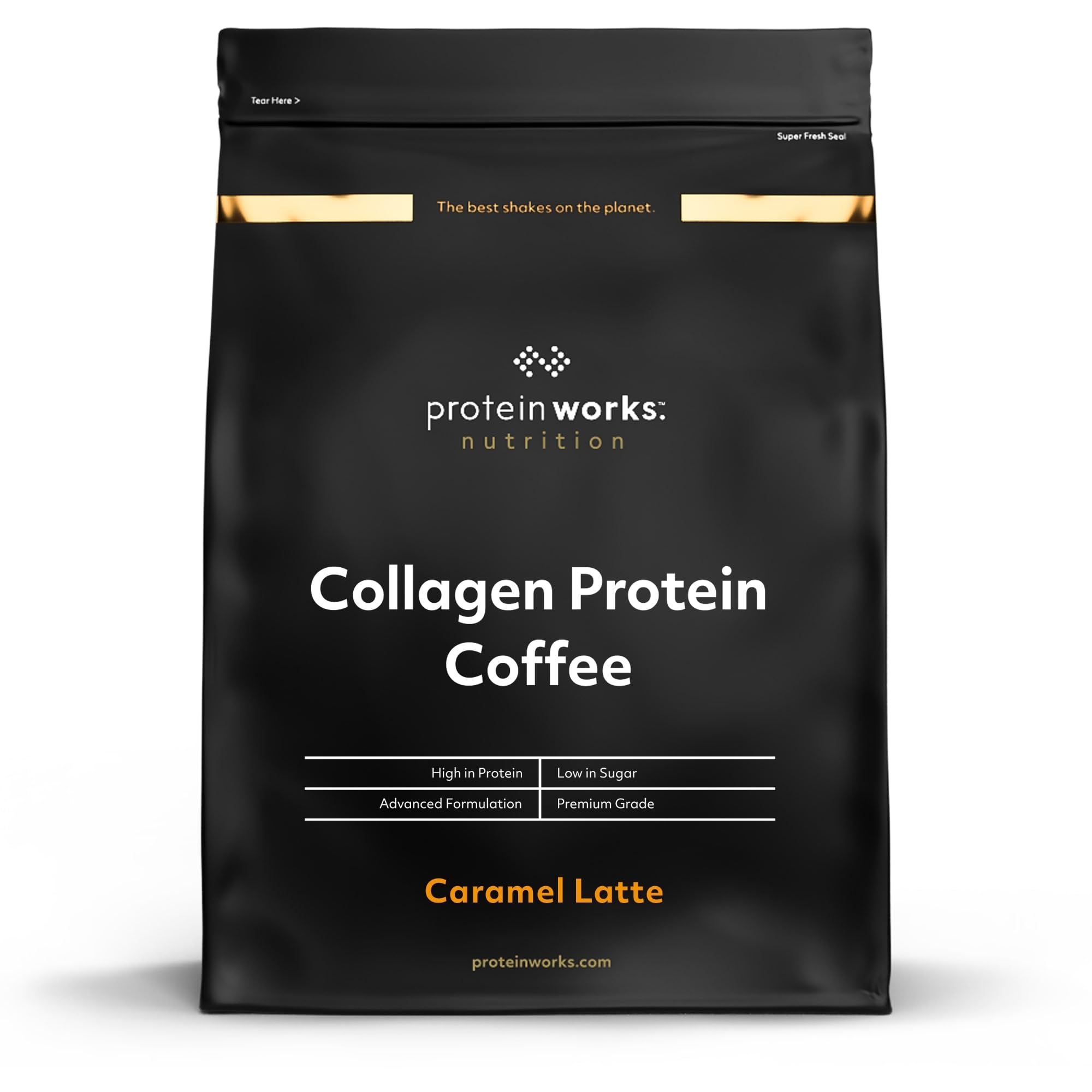 Protein Works - Collagen Protein Coffee, Bovine Collagen Powder, Finest Brazilian Coffee with Hydrolysed Collagen & Vitamin C, Type 1 & 3 Collagen Peptides, Caramel Latte, 19 Servings, 475g
