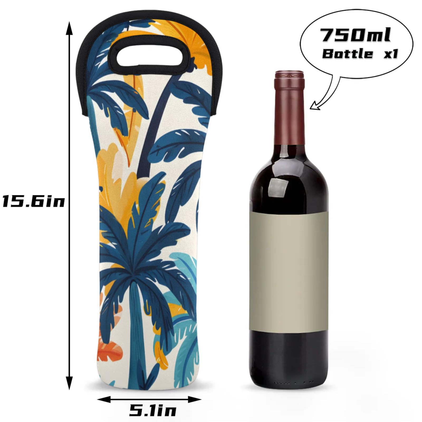 Neoprene Wine Tote Carrier Bag for Wine,Water, Champagne, Beer, Baby Bottles 15.6 x 5.1 Inches, Protective Wine Bag,Coconut Tree