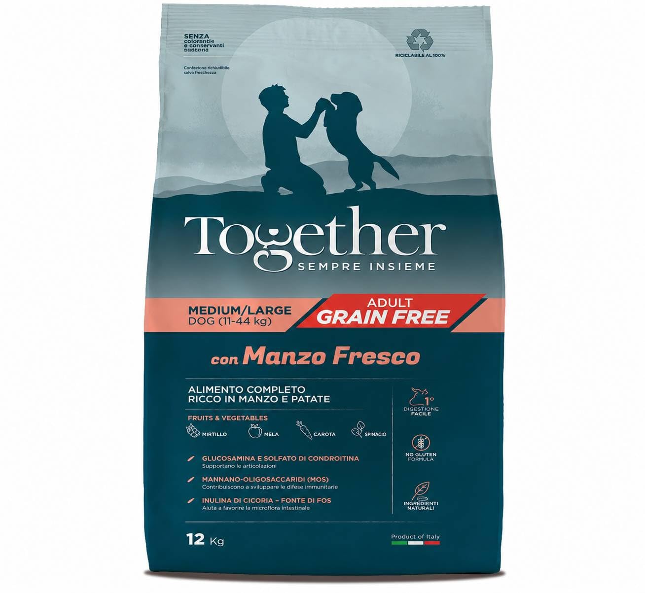 Together Cibo Secco per Cani Adulti Grain Free, con Manzo Fresco, Taglia Media/Grande, 12 kg