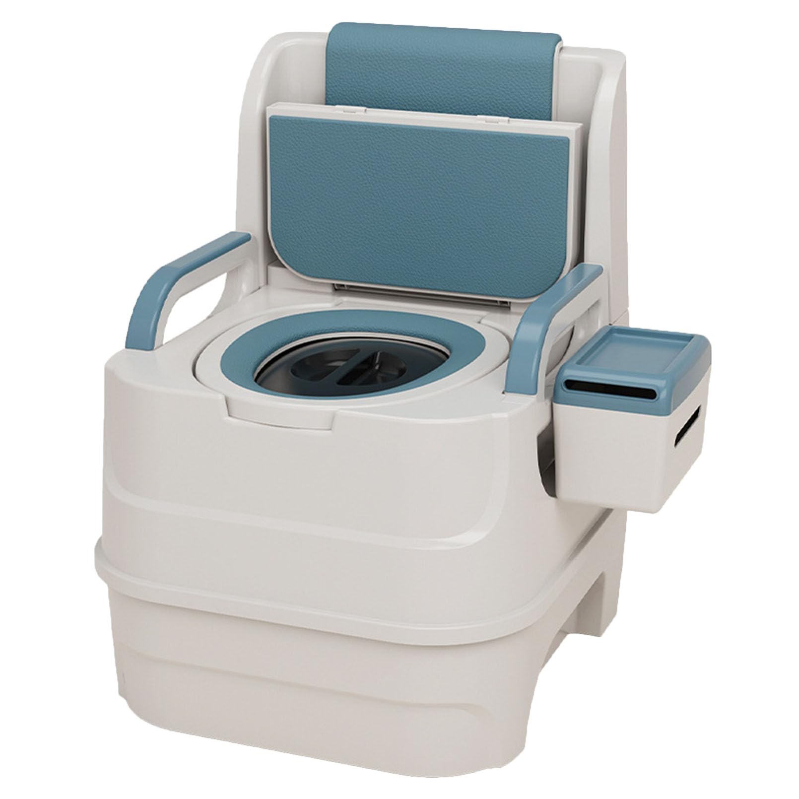 Commode with Padded Seat and Backrest, Durable Toilet Chair for Adults and Seniors, Removable Pail, Drop Down Arms for Easy Transfer, 300 Lb. Weight Capacity, PP-Material, Blau
