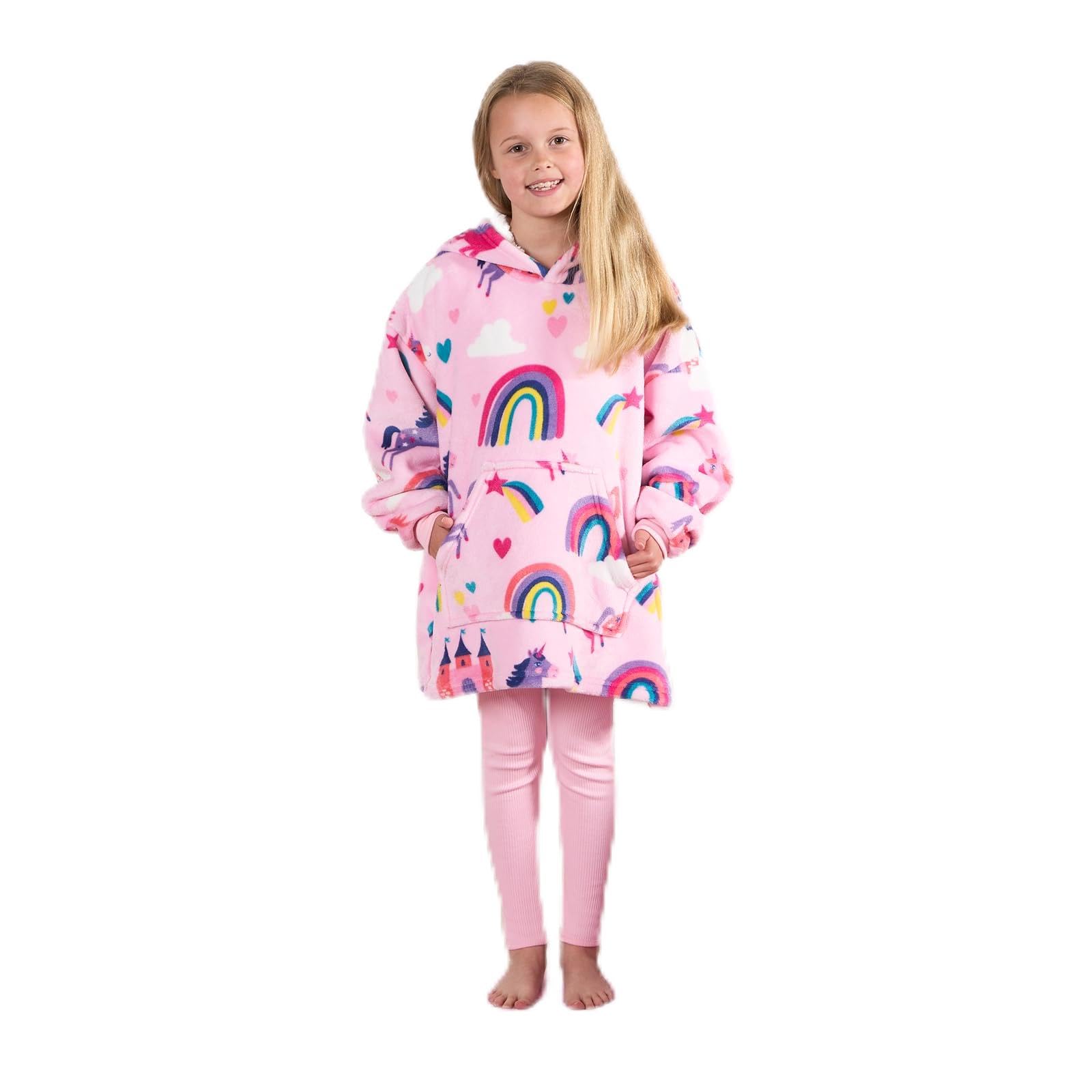 Ohs Girls Peach Rainbow Wearable Hoodie Blanket For Oversized Sherpa Fleece Throw Blanket Kids Hooded Sweatshirt Cosy Wearable Large Fleece Hoodie Gifts For Kids - Pink, One Size