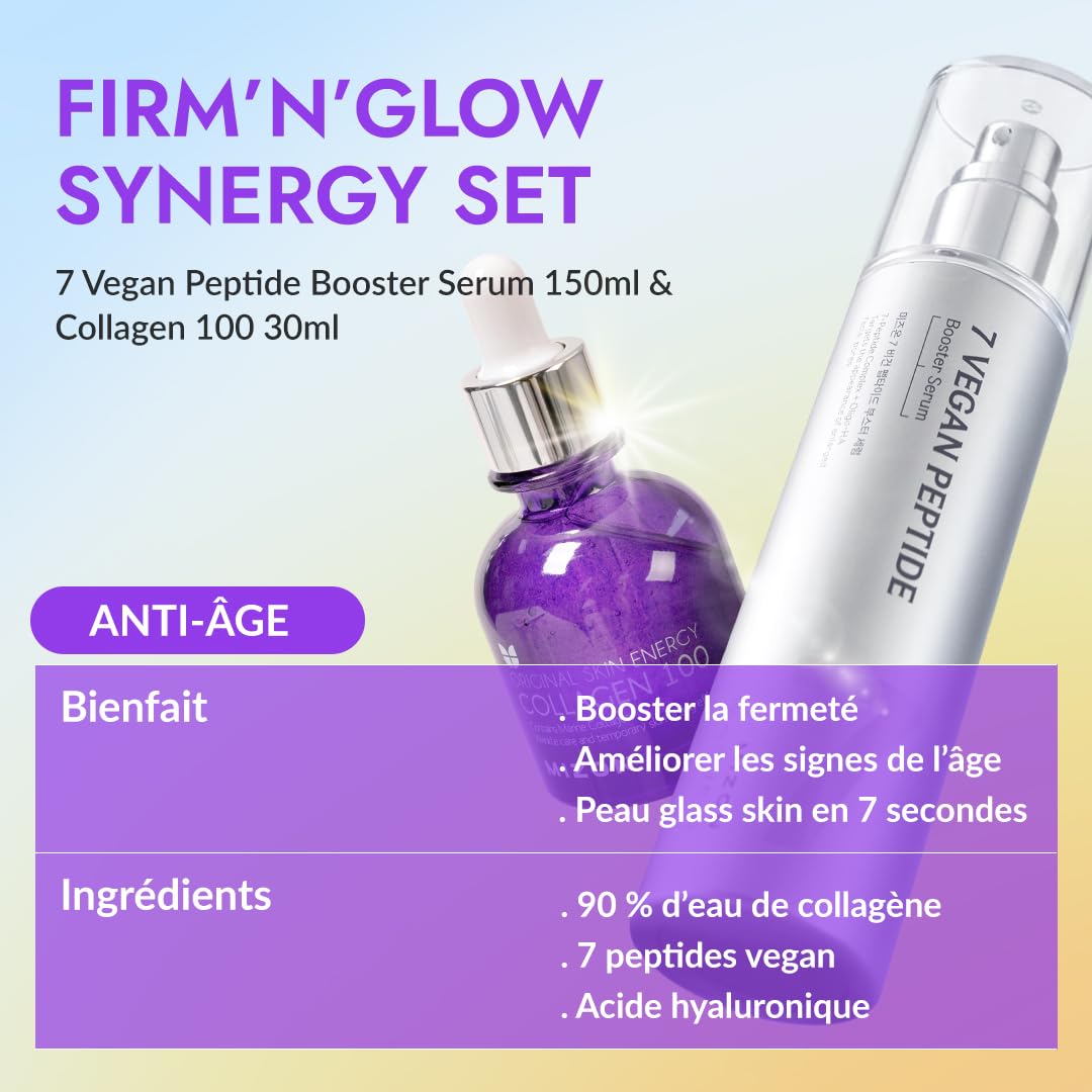 [MIZON] FIRM'N'GLOW COLLAGEN SYNERGY SET - 7 Vegan Peptides Booster serum 150ml + Collagen 100 Ampoule 30ml, routine fermeté, élasticité, hydratation & ridules, Korean Skincare