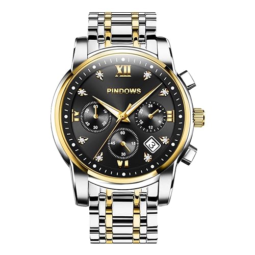 PINDOWS Herrenuhren Luxus Quarz-Analoguhr Datumsanzeige und großem Ziffernblatt wasserdichte modische Business-Armbanduhr Elegante zweifarbige Edelstahl-Klassiker-Herrenuhr mit beleuchtetem Kalender
