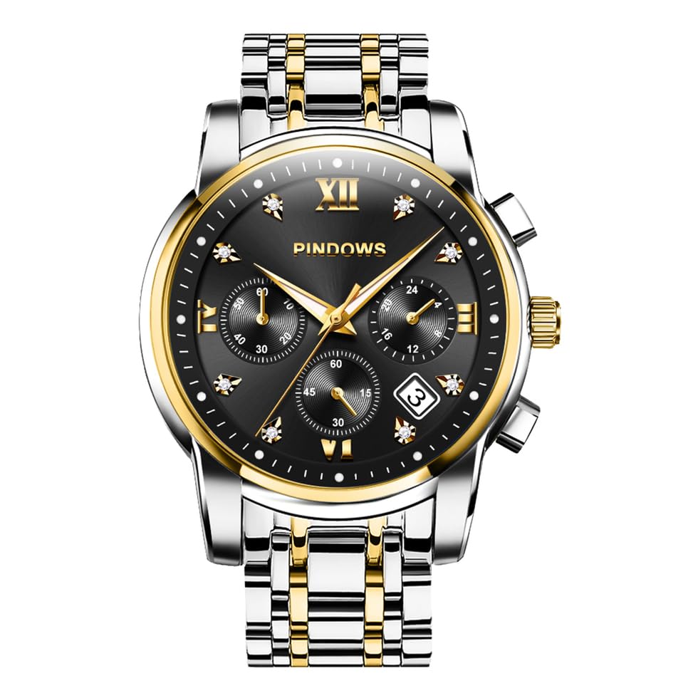 PINDOWS Herrenuhren Luxus Quarz-Analoguhr Datumsanzeige und großem Ziffernblatt wasserdichte modische Business-Armbanduhr Elegante zweifarbige Edelstahl-Klassiker-Herrenuhr mit beleuchtetem Kalender