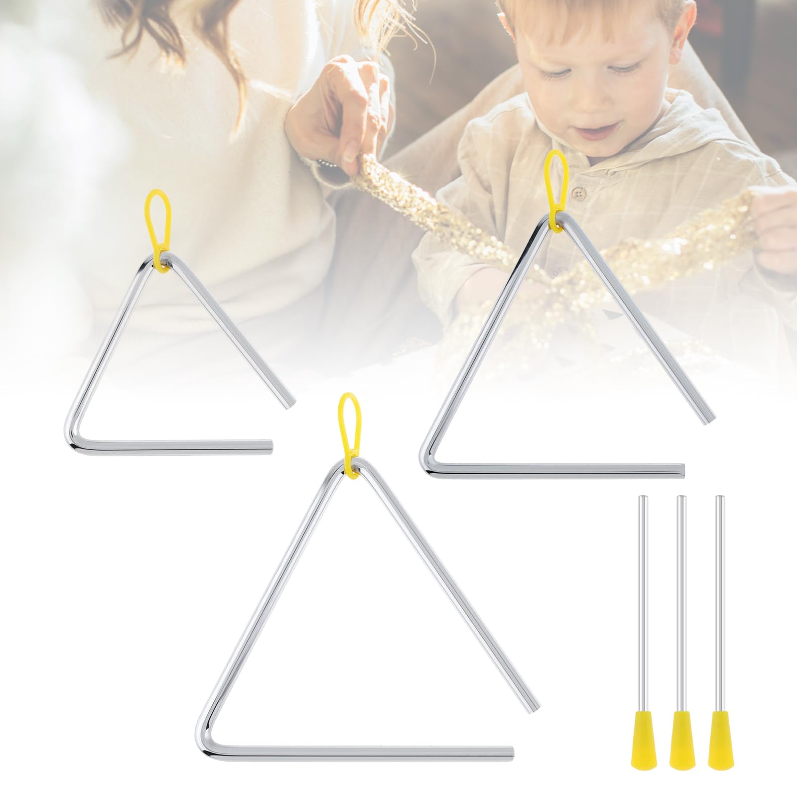 Lot de 3 triangles de percussion à main mixtes en acier pour avec percussion, triangles de rythme