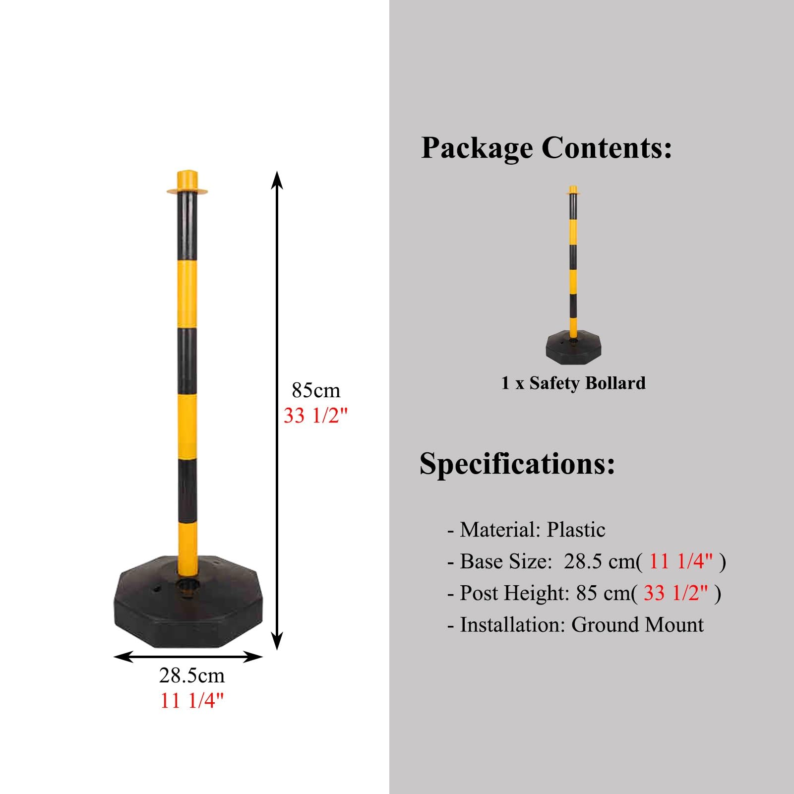 Bolardo de seguridad vial, conos delimitadores de tráfico portátiles desmontables con base estable rellenable, para uso interior y exterior, amarillo, 85 cm de alto (33 1/2").