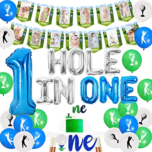 Image of Golf 1st Birthday Decorations - 1st Birthday Baby Photo Banner for Newborn to 12 Months, Hole in One Banner Cake Topper, Number 1 Golf Ball Foil Balloons for Golf Baby First Birthday Party Supplies