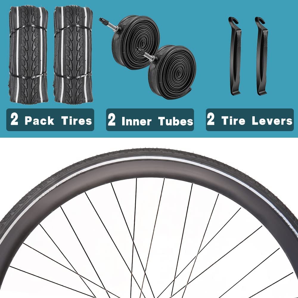 SIMEIQI 2 Pack 700X35C Bike Tire with 2 Presta Inner Tubes 2 Levers Reflective Wall Foldable Bicycle Tires (2 Tires 2 Tubes 2 Levers)