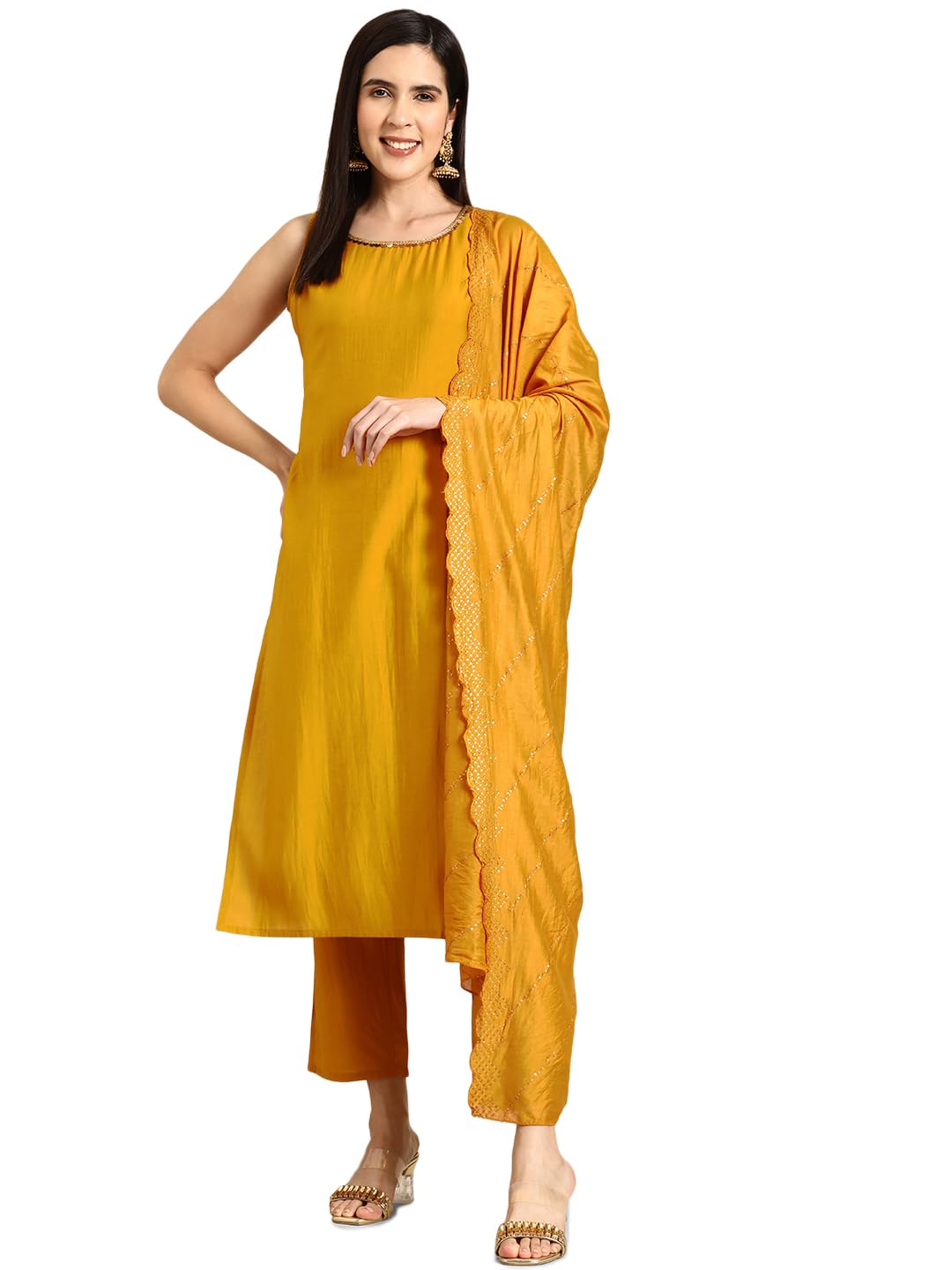 libas Gerua Womens Solid Silk Blend Straight Kurta with Trousers and Dupatta-picture-28