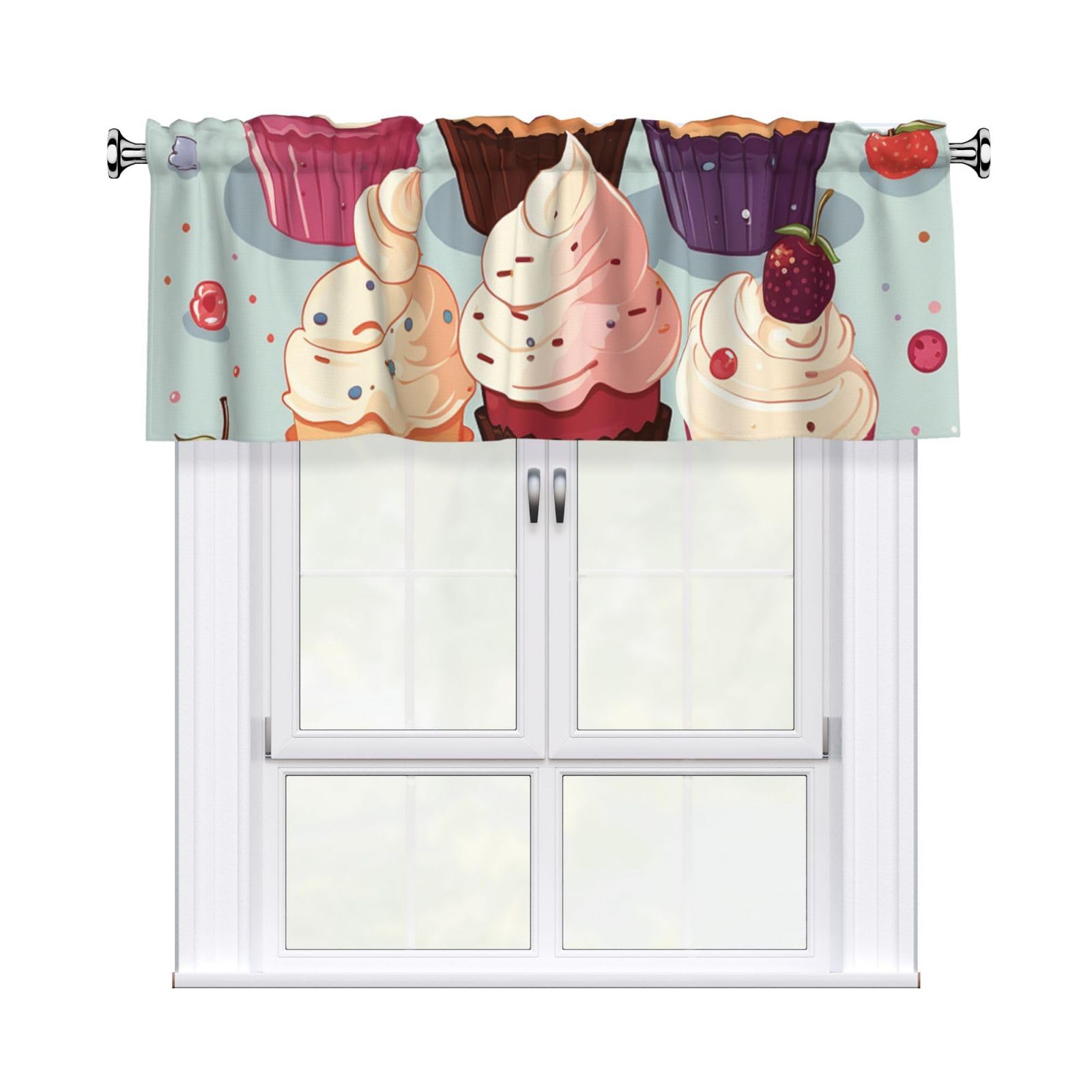 DWVTSLH Cupcakes Valances Curtains for Windows, Rod Pocket Drape Valence Blackout Short Curtains for Kitchen Bathroom Bedroom Window Treatment for Home Décor 54x18 Inch