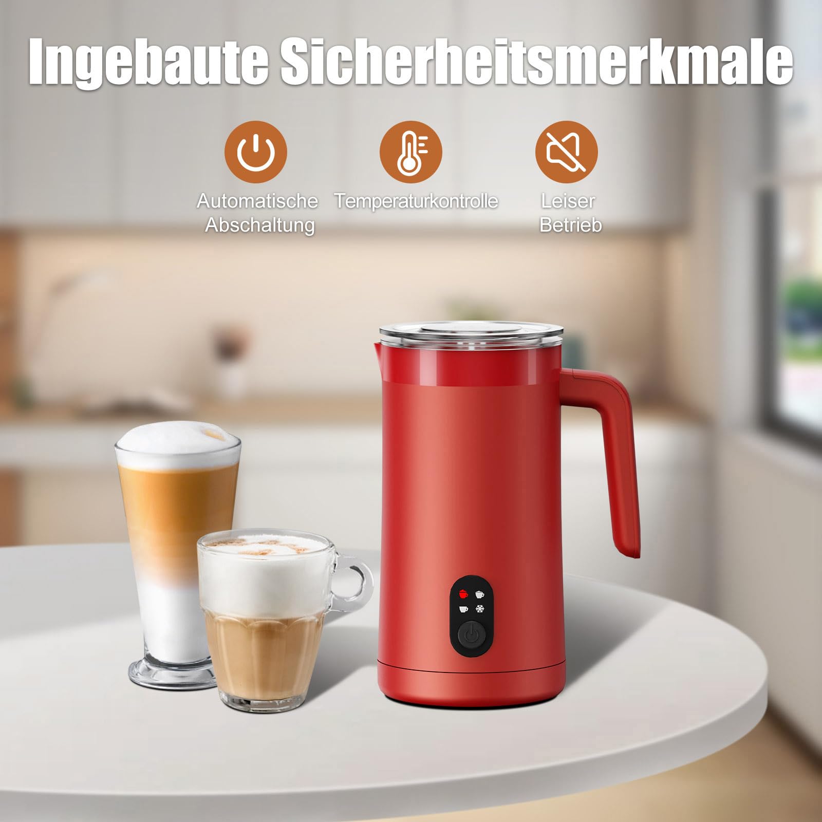 Milchaufschäumer, 400 ml Milchaufschäumer Elektrischer 4-in-1 für Heißen und Kalten Milchschaum, Automatische Abschaltung Kaffee Aufschäumer für Latte, Macchiato, Cappuccino(Rot)