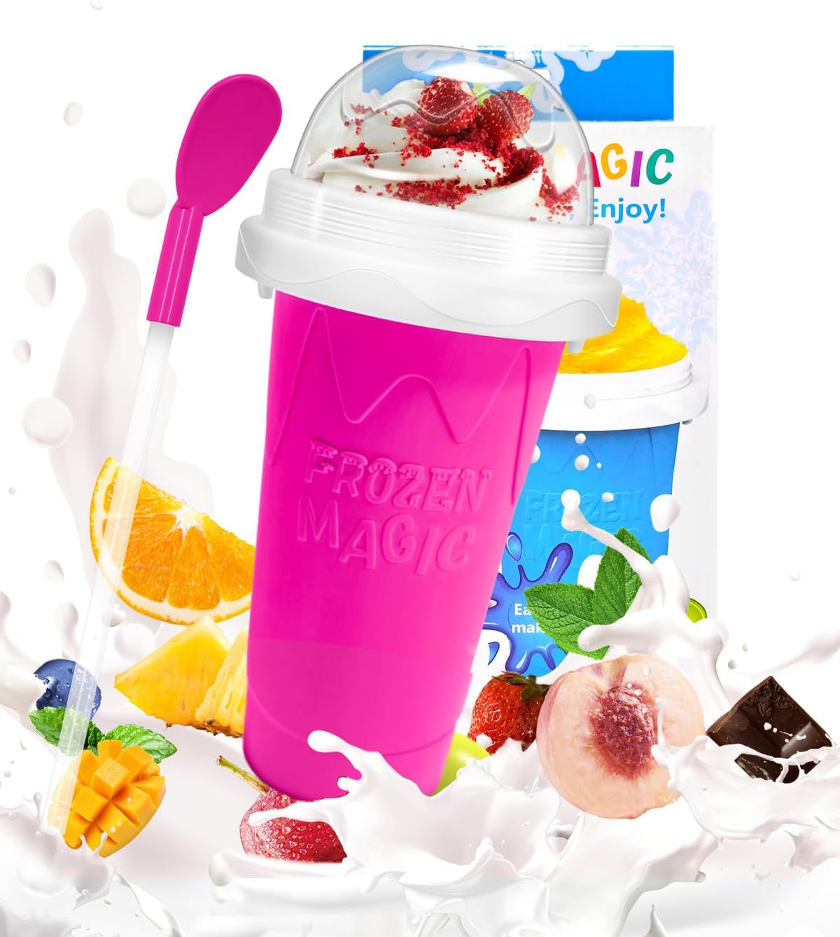 Slushy Maker Cup, DIY Magic Slushy Maker Squeeze Cup, Portable Smoothie Squeeze Cup for Juices, Milk and Ice Cream Make, Double Layers Silica Cup with Lid & Straw for Kids, Friends, Family (Pink)