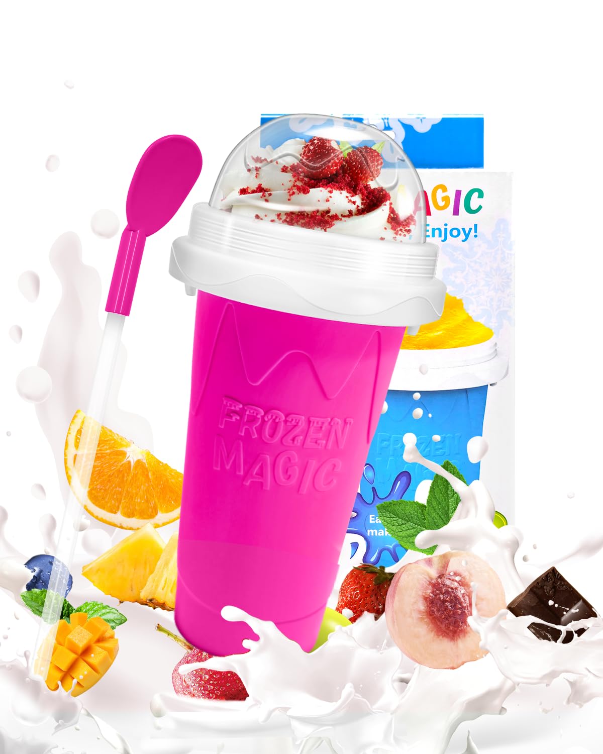 Slushie Cup, DIY Magic Slushy Maker Cups, Portable Slushy Cup for Juices, Milk and Ice Cream Make, Double Layers Silica with Lid & Straw for Kids, Friends, Family (Pink)