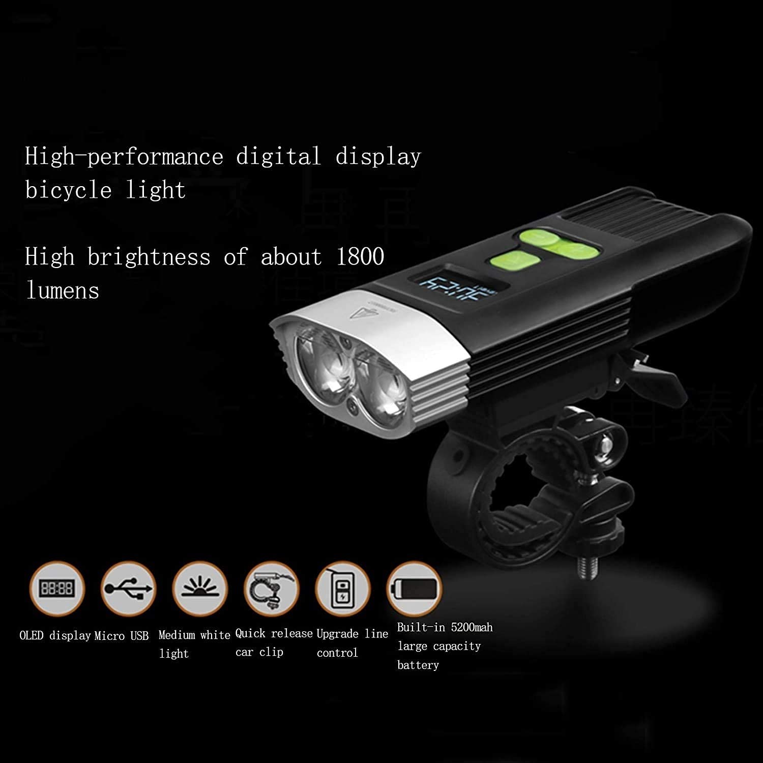 Lampi per Biciclette USB Ricaricabile, Faro Anteriore in Bicicletta, 5 modalità Luce, Impermeabile, Display Digitale a LED Bike Light per Tutte Le Biciclette