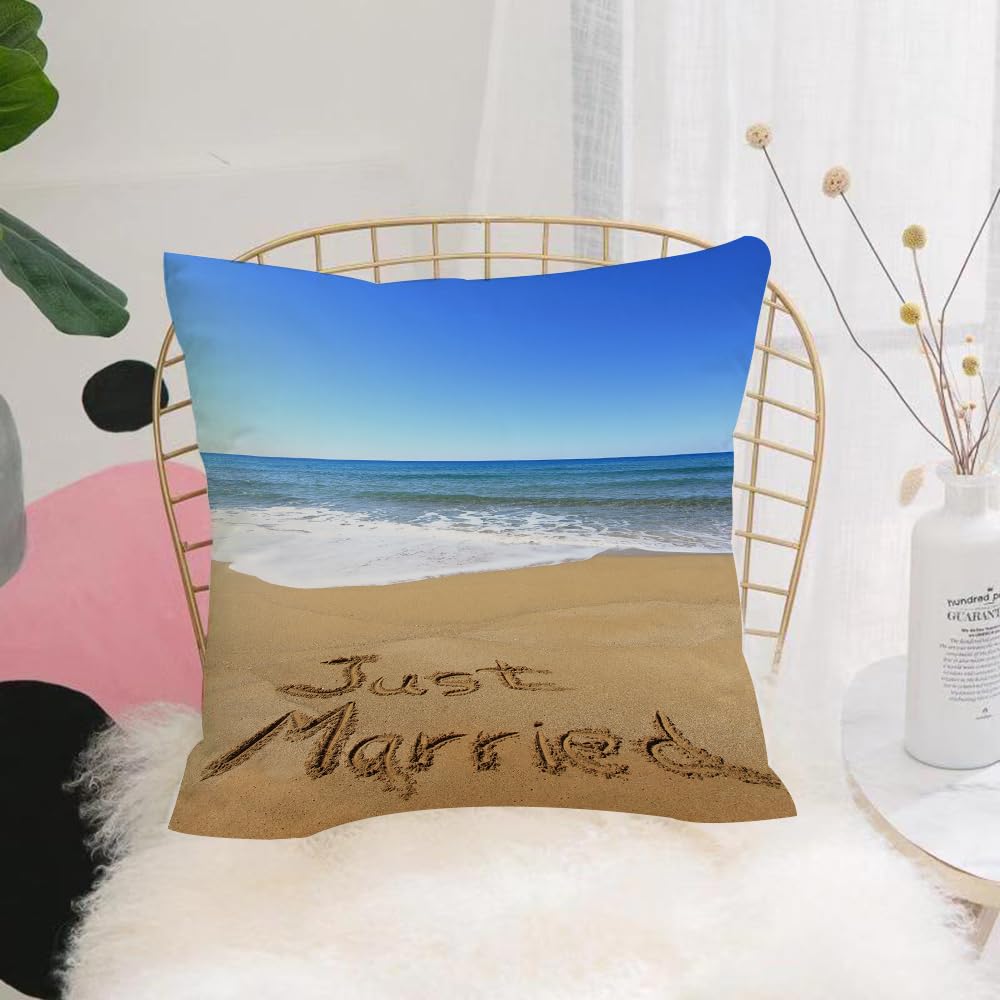 HYMSXW Cushion Cover,Throw Pillow Case Home Decorative for Living Room Bedroom Sofa Chair 20X20 Inch,Just Married Scritto su Sandy Beach Ocean Waves Romantic Photo Celebrity,Pillowcase 50X50cm