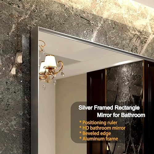 Miniatura 4 de Olela Espejo de baño plateado, espejo rectangular para montar en la pared para sobre el fregadero y el tocador, espejo cuadrado de esquina