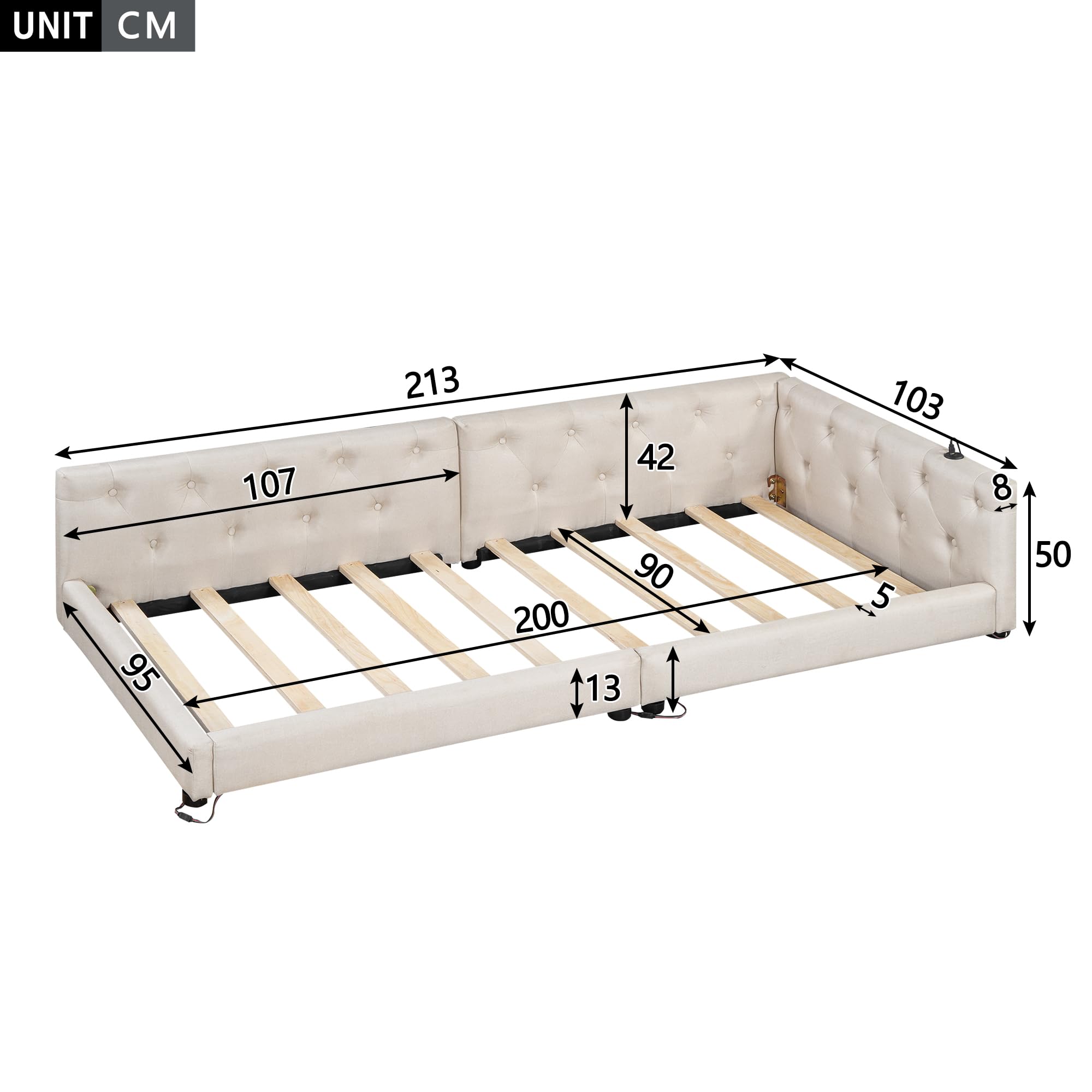OKMYHOME Łóżko ławkowe 90x200 cm - Pikowane łóżko pojedyncze z portami USB typu C i oświetleniem LED - bez materaca - beżowy
