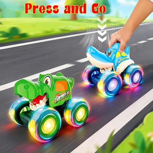 Miniatura 2 de BOLZRA Camión monstruo, autos de juguete para niños pequeños de 1 a 3 años con Bull Shark Crocodile Glow Rover Wheels Press and Go Cars Monster