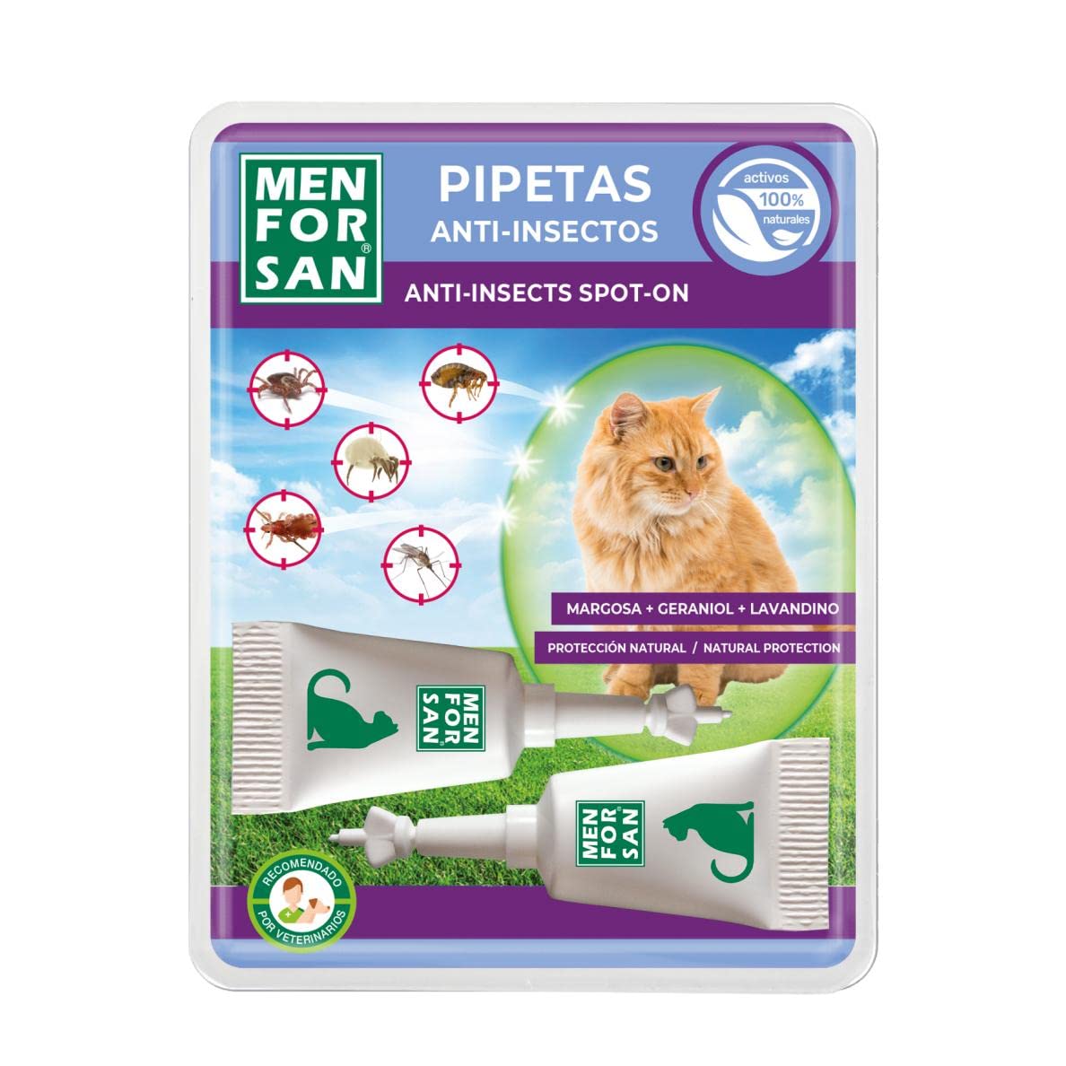 MENFORSAN Pipetas Anti-Insectos para Gatos con Margosa, Geraniol Y Lavandino - Blister con 2 unids